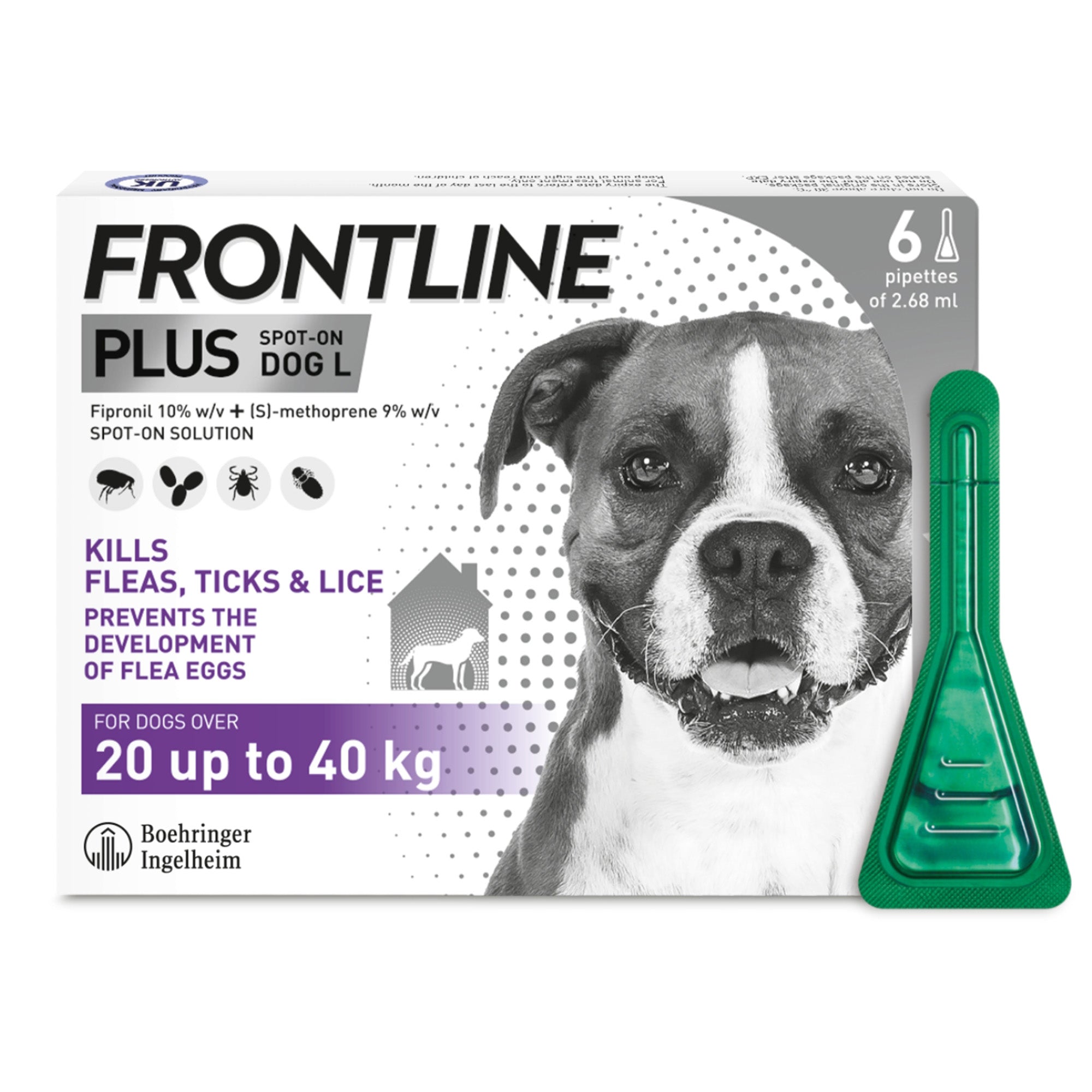 FRONTLINE Plus Flea & Tick Treatment for Large Dogs 20–40kg | 6 Pipettes