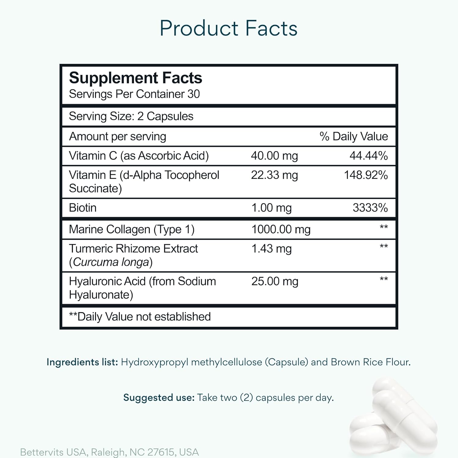 BetterVits Collagen Complex with Hyaluronic Acid & Turmeric 60 Capsules | Skin, Joint & Bone Support