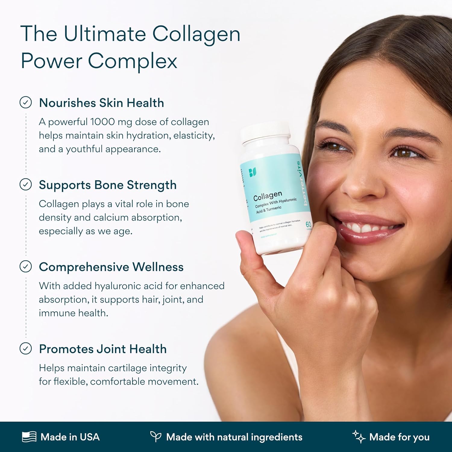 BetterVits Collagen Complex with Hyaluronic Acid & Turmeric 60 Capsules | Skin, Joint & Bone Support