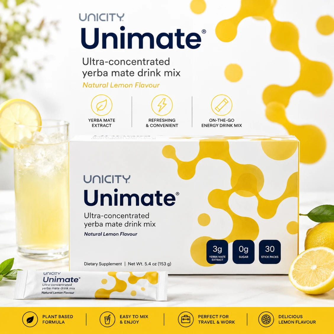 Unicity Unimate Lemon Flavour Yerba Mate Energy Drink Mix 30 Stick Packs