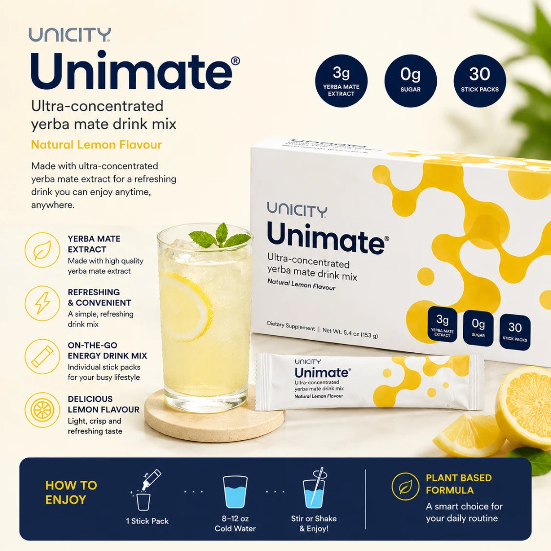 Unicity Unimate Lemon Flavour Yerba Mate Energy Drink Mix 30 Stick Packs