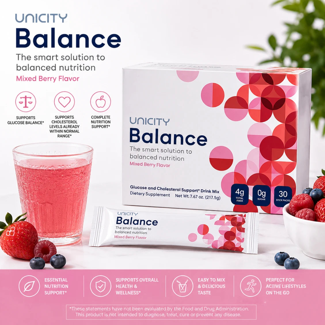 Unicity Balance Mixed Berry Drink Mix 30 Stick Packs | Daily Nutritional Drink Mix