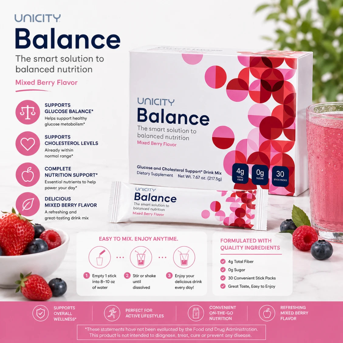Unicity Balance Mixed Berry Drink Mix 30 Stick Packs | Daily Nutritional Drink Mix