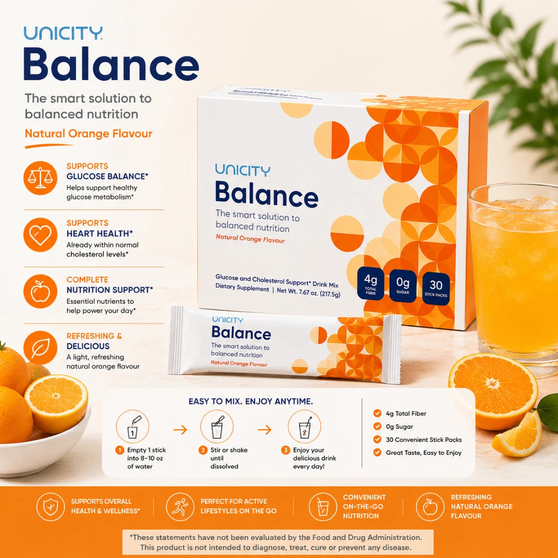 Unicity Balance Natural Orange Drink Mix 30 Stick Packs | Daily Nutritional Drink Mix