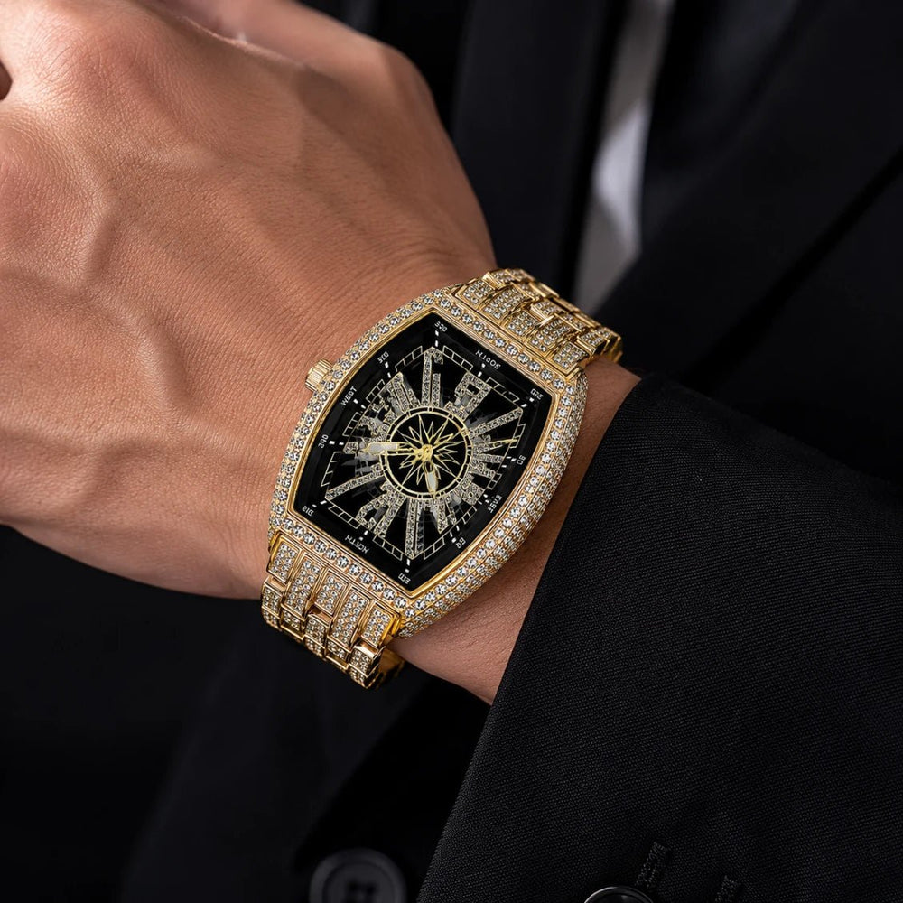 Luxury Iced - Out Crystal Men’s Watch – Diamond Tonneau Stainless Steel Quartz Watch fragrance