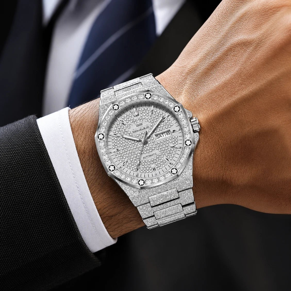 OLEVS 9803 Luxury Full Diamond Automatic Mechanical Watch for Men – Waterproof Stainless Steel Business Wristwatch fragrance